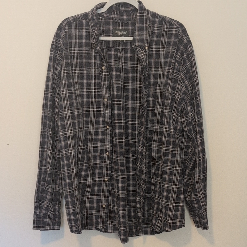 Eddie Bauer plaid Dark Black White Casual Button Down Shirt XL